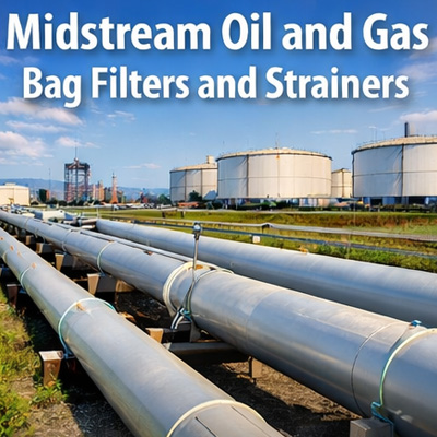 Midstream oil and gas pipeline and storage tank facility representing bag filters and strainers for transfer and transport applications