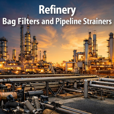 Oil refinery and process plant scene representing bag filters and pipeline strainers for refinery filtration applications