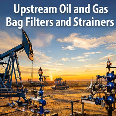 Upstream oil and gas production scene with pumpjack and wellhead equipment representing bag filters and strainers for upstream applications